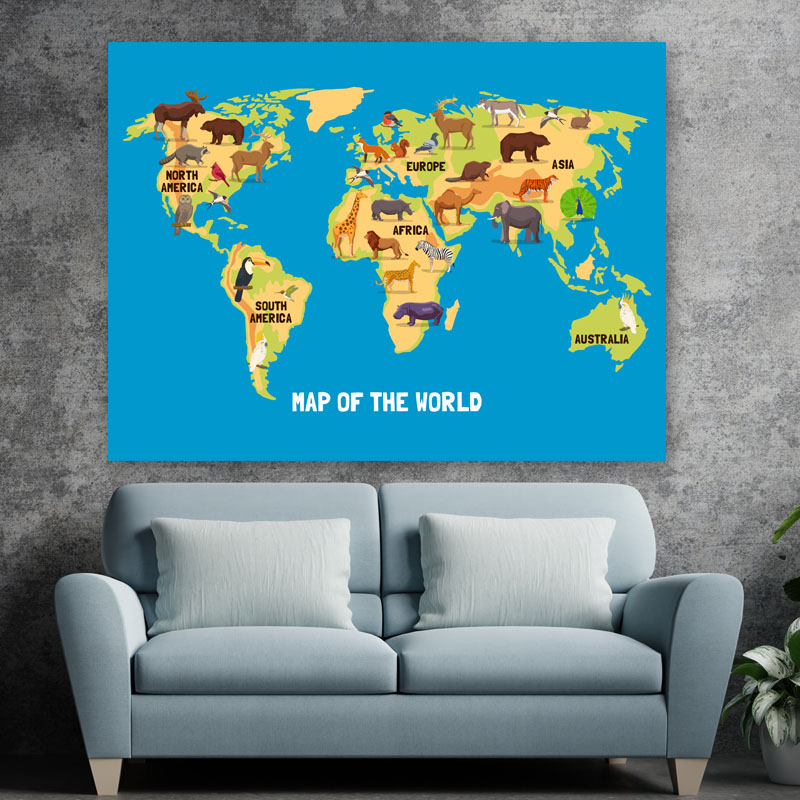 Πίνακας σε καμβά Χάρτης Παιδικός Παγκόσμιος με Ζώα